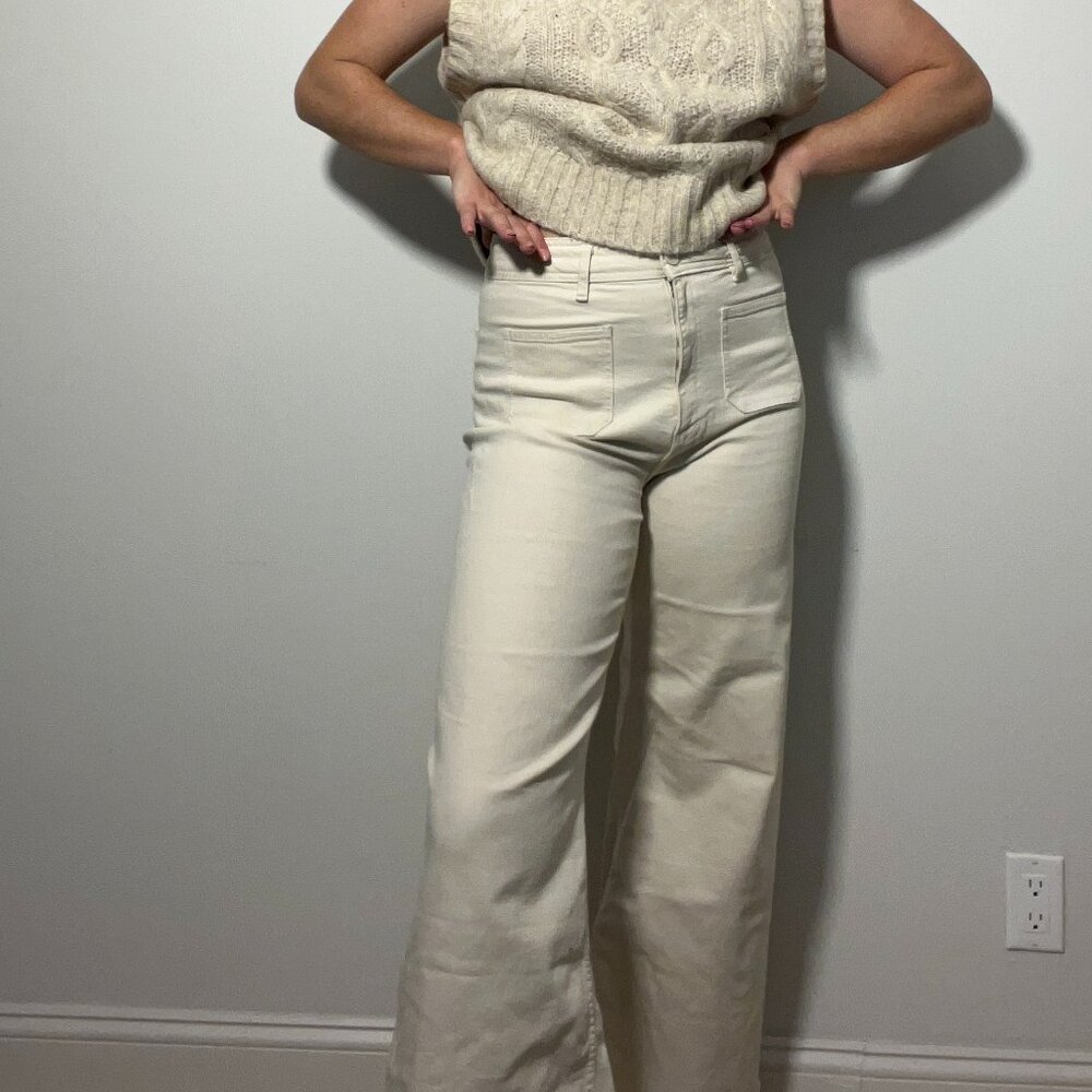 Zara White Pants with Unique Front Pockets & Unfinished Seams